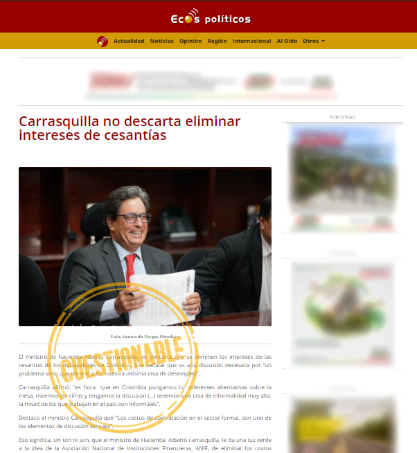 Artículo sobre la supuesta posición de Carrasquilla frente a la propuesta de Anif