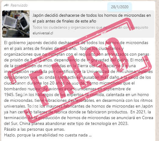 Cadena falsa de WhatsApp sobre la prohibición de los microondas en Japón