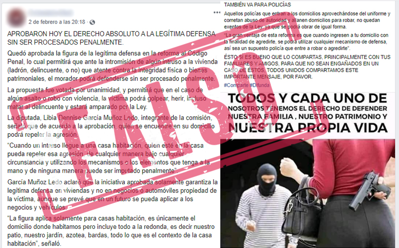Publicación en Facebook sobre supuesta ley de legítima defensa absoluta