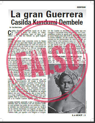 Artículo de revista afro sobre supuesta heroína Casilda Cundumí Dembele