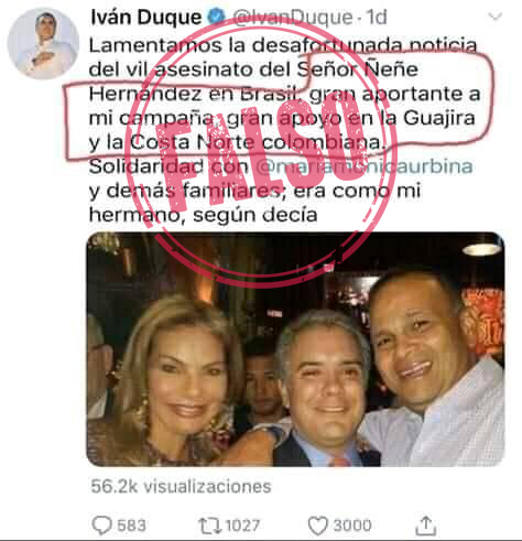 Supuesto tuit de condolencias de Iván Duque por muerte del Ñeñe Hernández