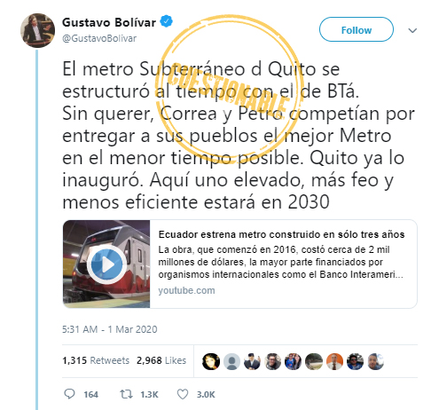 Tuit de Gustavo Bolívar que compara los metros de Quito y Bogotá