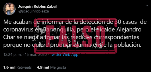 Tuit de Joaquín Robles sobre supuestos casos de covid-19 en Barranquilla