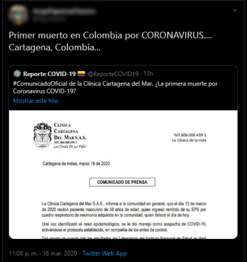 Tuit anticipado sobre muerte de taxista en Cartagena por Covid-19