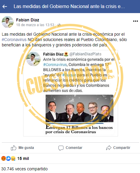 Publicación del representante Díaz Plata sobre medidas económicas por Covid-19