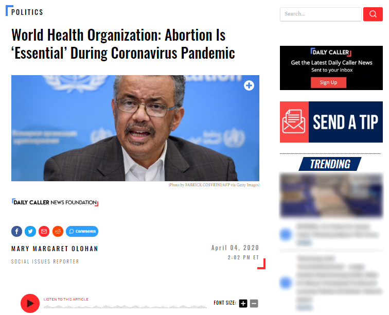 Artículo de DailyCaller sobre el aborto como servicio esencial durante pandemia