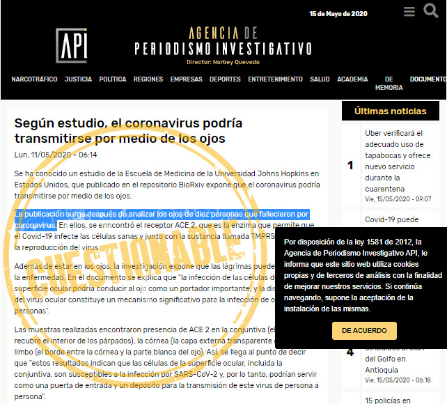 Nota de la API sobre contagio de covid-19 por los ojos