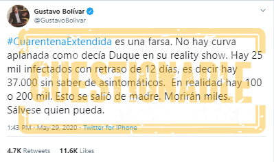Trino de Gustavo Bolívar sobre COVID-19 en Colombia: 'Sálvese quien pueda'
