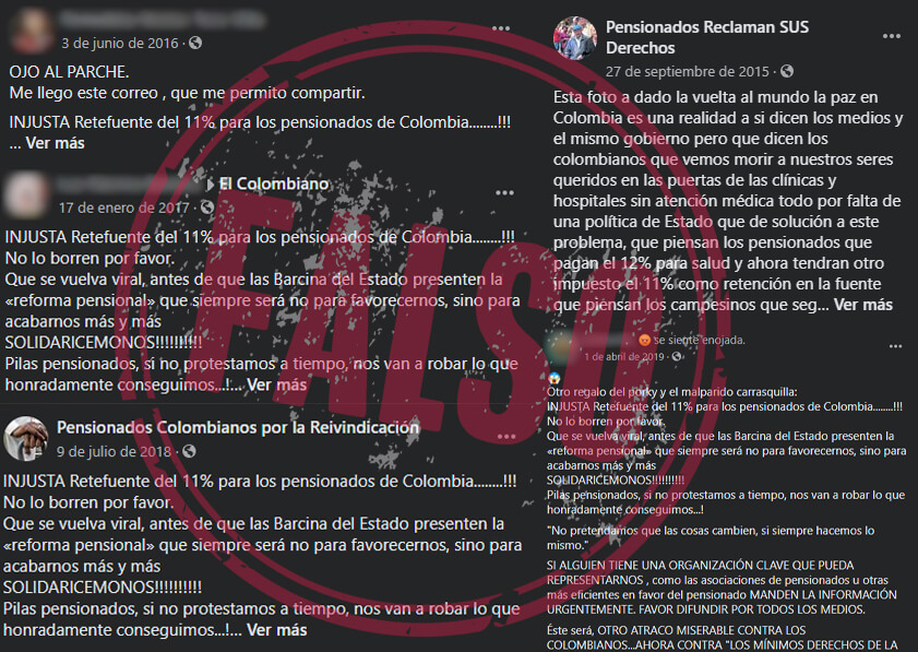Publicaciones en Facebook sobre supuesta retefuente de 11 % a pensiones