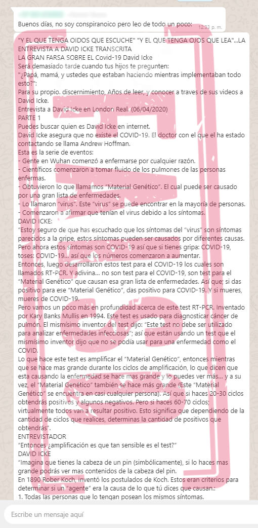 Cadena de WhatsApp con transcripción traducida de entrevista a David Icke