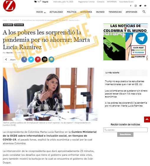 Nota sobre supuesta frase de Marta Lucía Ramírez sobre pobres en pandemia