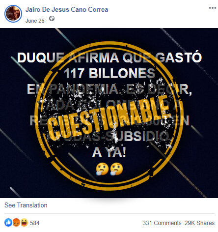 Publicación de Facebook sobre gasto del Gobierno en pandemia