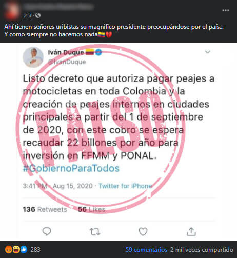 Publicación de Facebook con falso pantallazo de supuesto trino de Duque sobre peajes