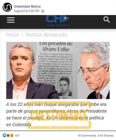 Pantallazo con atribución cuestionable a Duque sobre Uribe y paramilitares