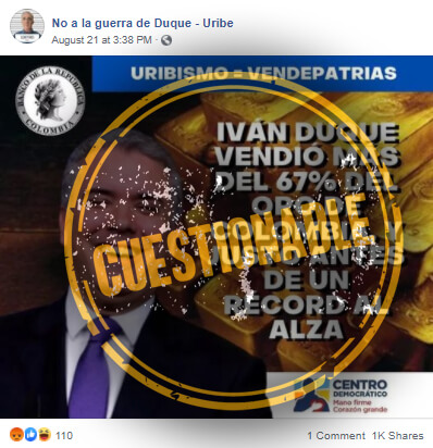 Captura de pantalla de meme sobre venta de oro por parte de Duque