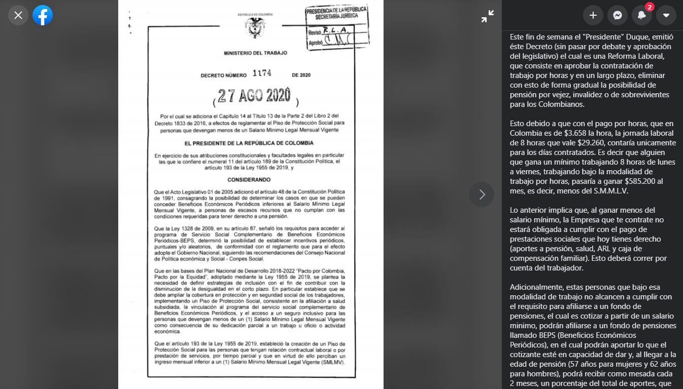 Publicación en Facebook sobre el decreto 1174 de 2020