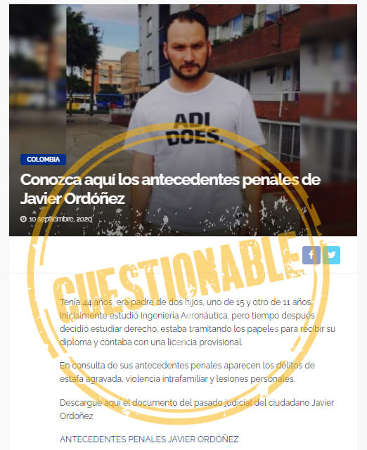 Nota en portal que también le atribuye varios delitos a Javier Ordóñez