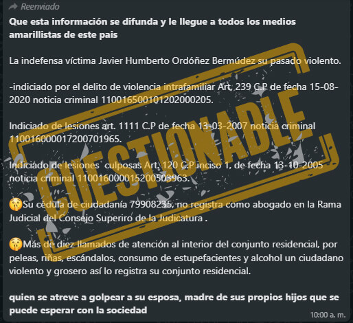 Cadena de WhatsApp sobre el supuesto pasado violento de Javier Ordóñez