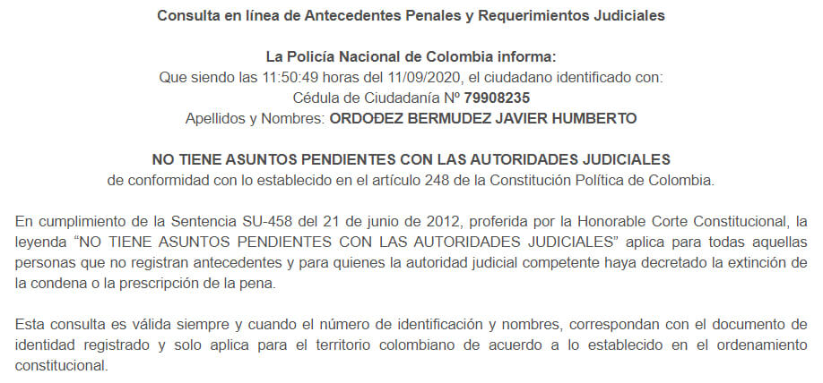Antecedentes de Javier Ordóñez en la página de la Policía: limpios