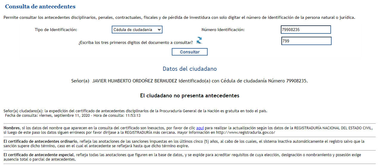 Antecedentes de Javier Ordóñez en el portal de la Procuraduría: limpios