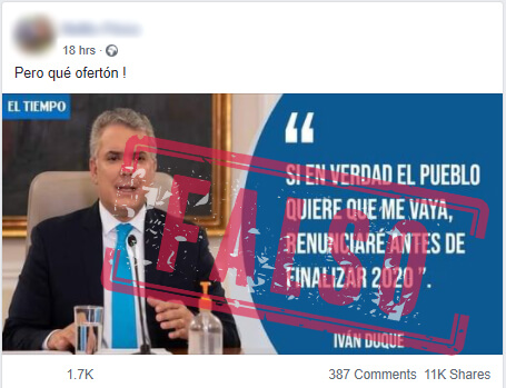 Publicación en Facebook con el supuesto anuncio de renuncia de Duque