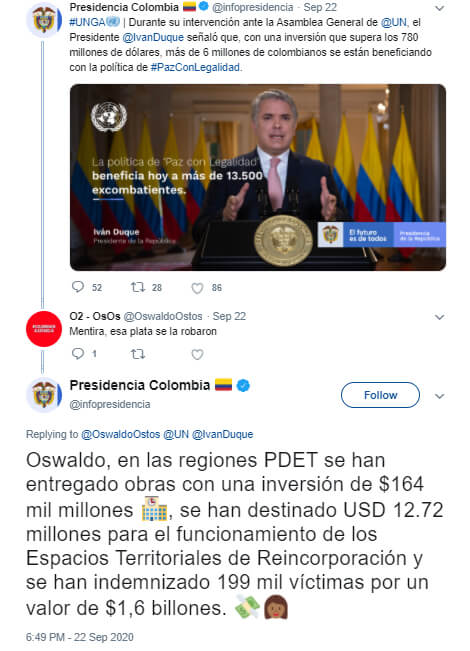 Hilo de Twitter donde Presidencia le responde cifras distintas de inversión en PDET a un usuario