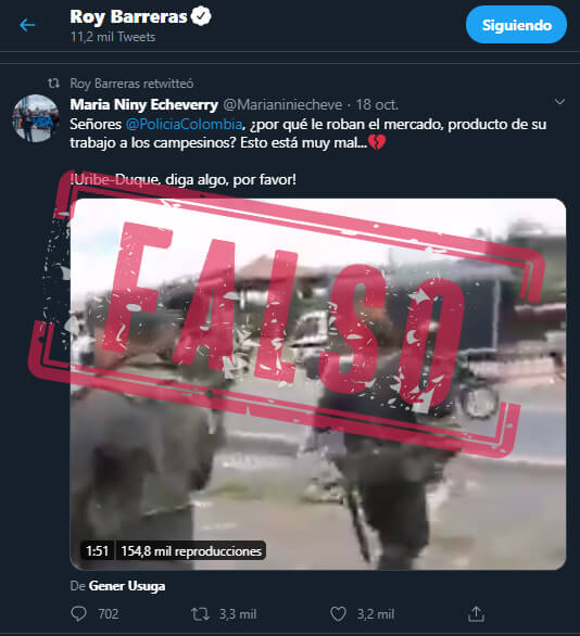 Trino retuiteado por Roy Barreras con reclamo a Duque y Uribe por policías que aparentemente roban mercados