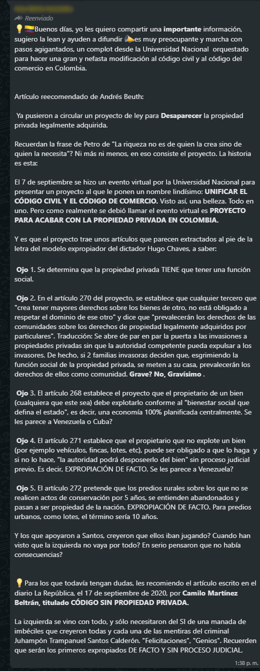 Cadena de WhatsApp sobre propuesta de nuevo Código Civil