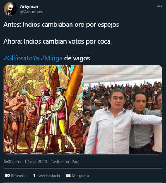 Trino de @Arquiman2 que relaciona a los indígenas y a Gustavo Petro con coca
