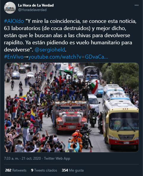 Trino de La Hora de la Verdad donde relaciona a la Minga 2020 con cultivos ilícitos
