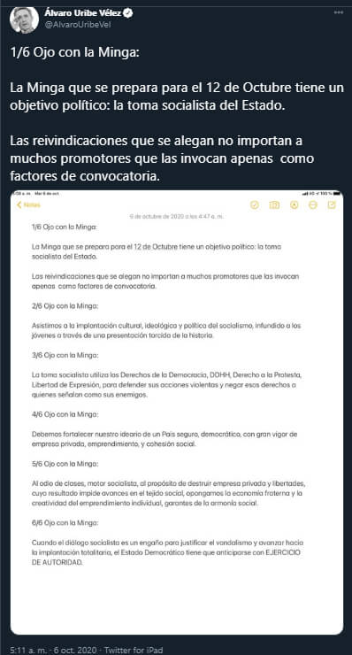 Comunicado de Álvaro Uribe en Twitter sobre la Minga 2020