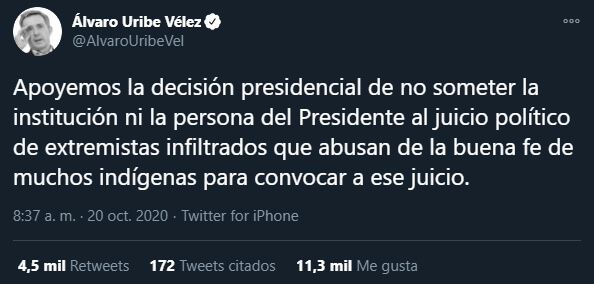 Trino de Álvaro Uribe sobre extremistas infiltrados en la Minga 2020