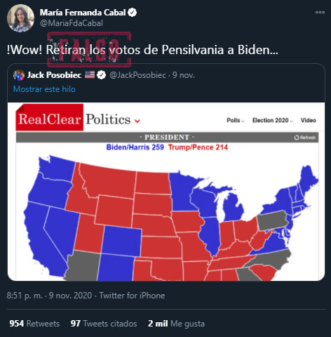 Trino de María Fernanda Cabal sobre retiro de votos a Joe Biden en PA