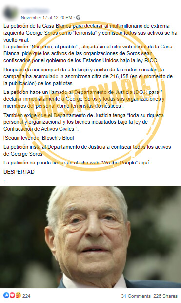 Publicación cuestionable en Facebook sobre petición contra Soros