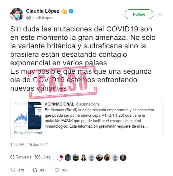 Trino de Claudia López sobre "nuevas variantes" de COVID-19 en Bogotá