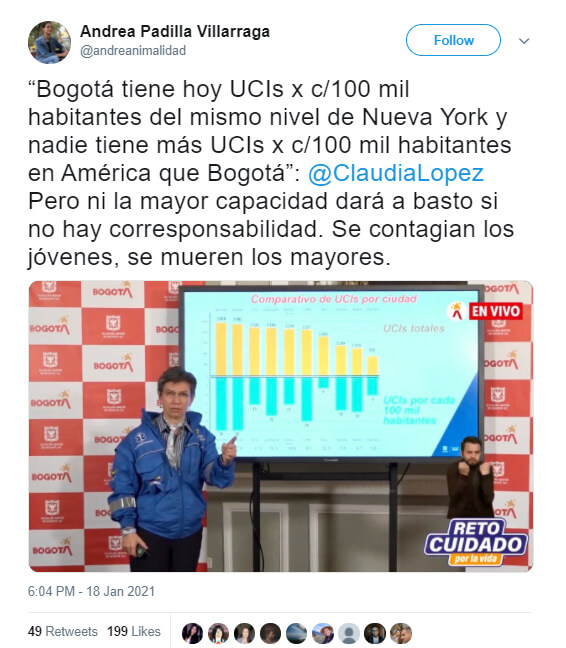 Trino de Andrea Padilla con cita de Claudia López sobre comparación de UCI