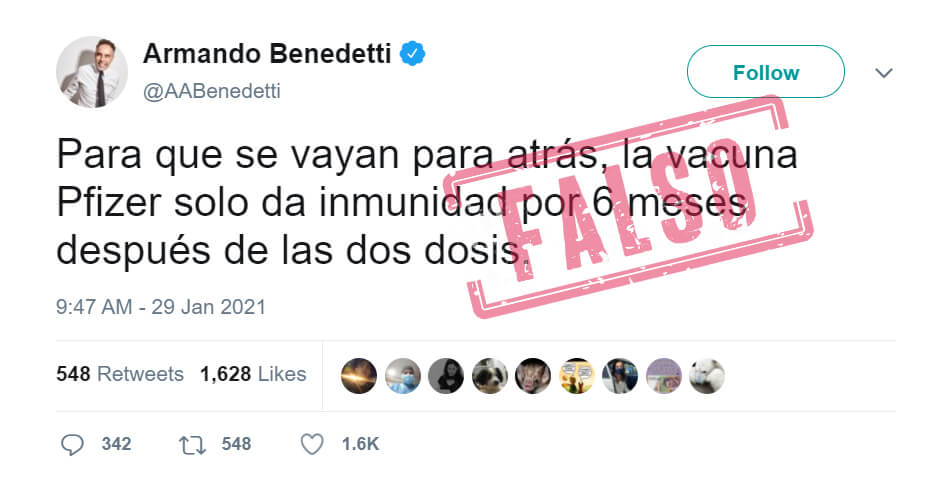 Trino de Armando Benedetti sobre inmunidad por vacuna Pfizer contra COVID-19