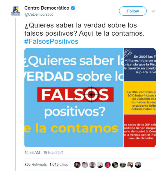 Trino del Centro Democrático sobre la supuesta "verdad" de los 'falsos positivos'