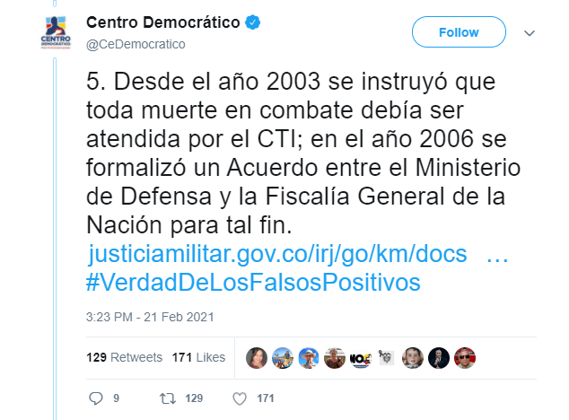 Trino del Centro Democrático sobre supuestas medidas de Uribe contra falsos positivos
