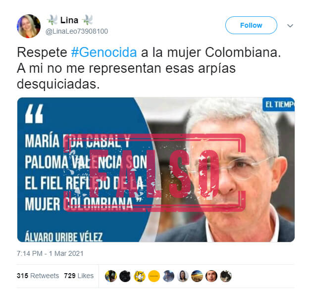 Trino con frase falsamente atribuida a Álvaro Uribe sobre Paloma Valencia y María Fernanda Cabal