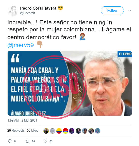 Trino con frase falsamente atribuida a Uribe sobre senadoras Valencia y Cabal