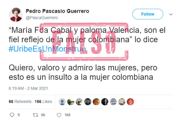 Trino con frase apócrifa de Uribe sobre senadora Valencia y Cabal en El Tiempo