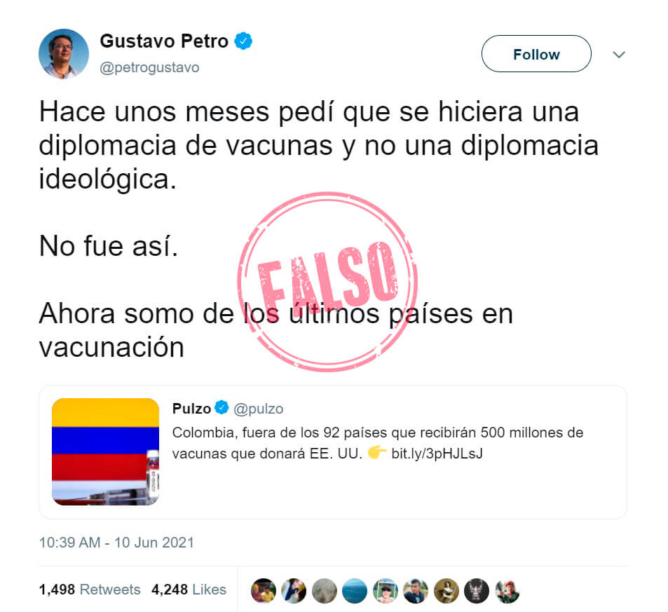 Trino de Petro con afirmación falsa sobre vacunación contra COVID-19