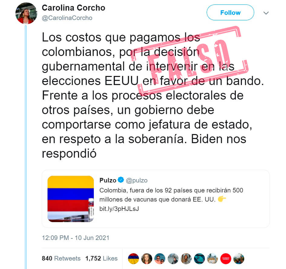 Trino de Carolina Corcho con afirmación falsa sobre donación de vacunas COVID de Estados Unidos