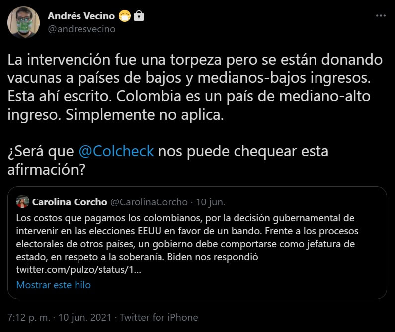 Trino de Andrés Vecino en el que corrige a Carolina Corcho