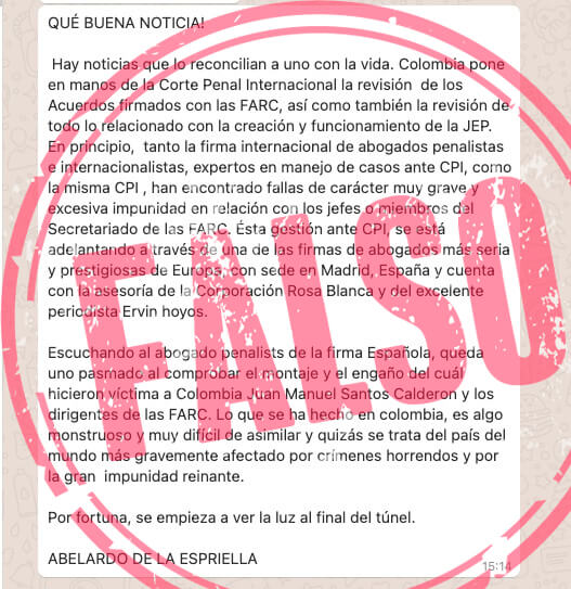 Cadena de WhatsApp sobre revisión de la JEP por la CPI