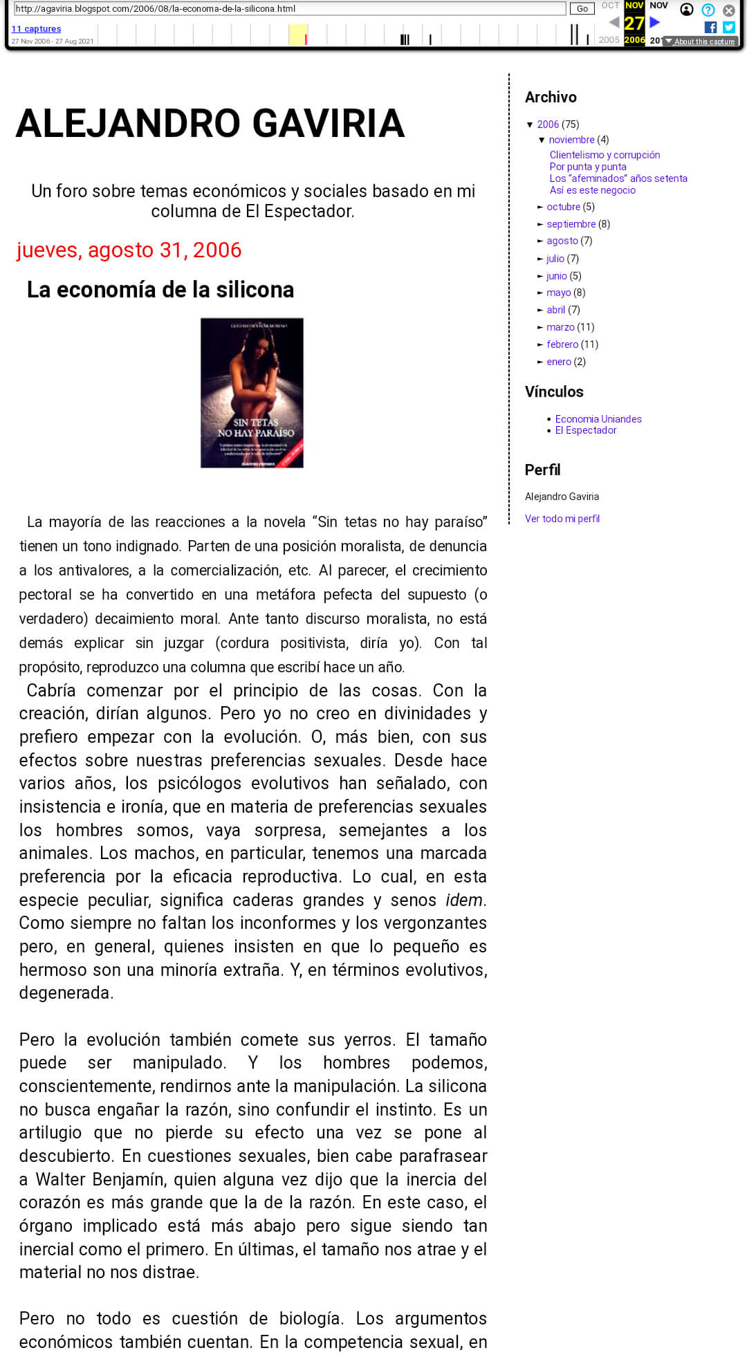 Pantallazo del artículo de Gaviria sobre la silicona en Wayback Machine