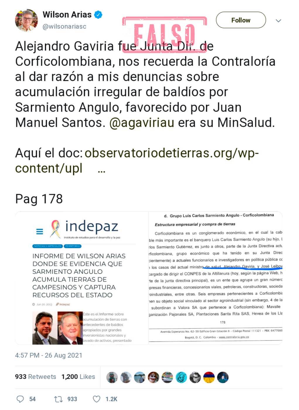 Pantallazo trino de Wilson Arias contra Alejandro Gaviria con acusación falsa sobre su supuesta relación con Corficolombiana y acumulación de baldíos