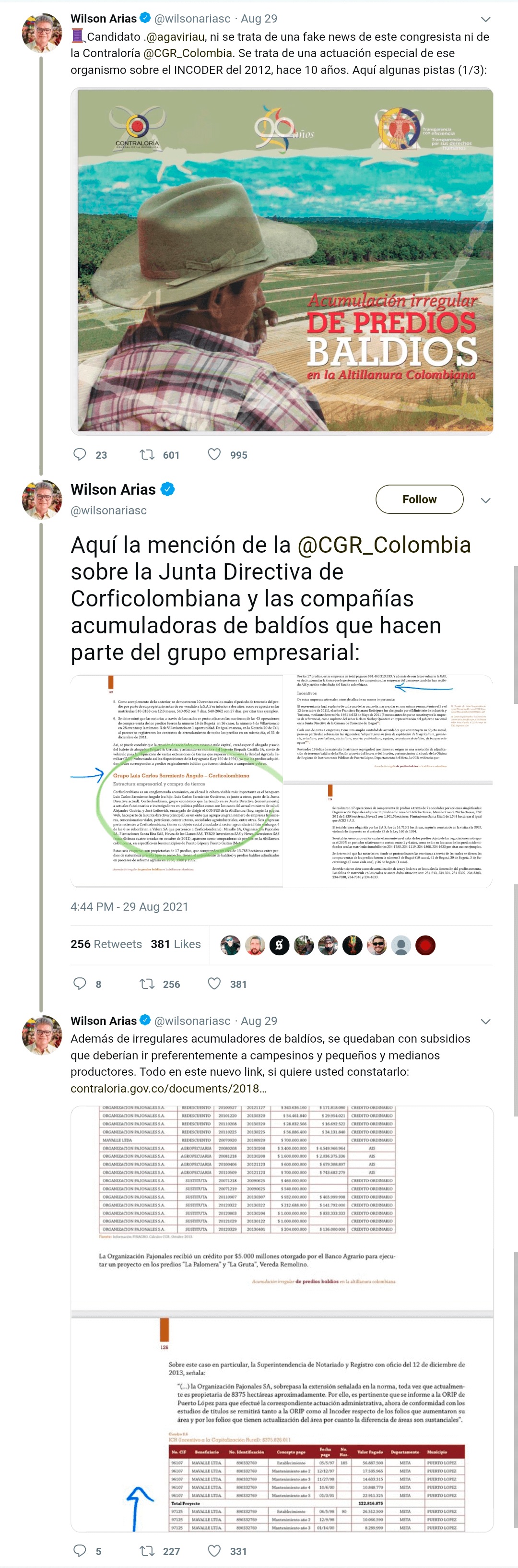 Hilo en Twitter de Wilson Arias en el que insiste sobre falsa relación entre Alejandro Gaviria y Corficolombiana