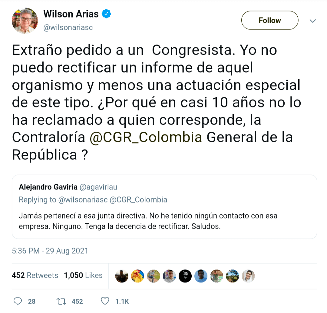 Trino en el que Wilson Arias se niega a retractarse ante respuesta de Alejandro Gaviria